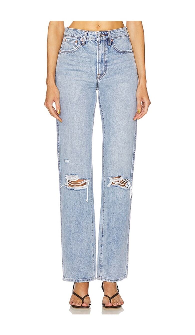 Grlfrnd Distressed Sky Blue Sara Super High Rise Slim Straight Denim Jeans Size